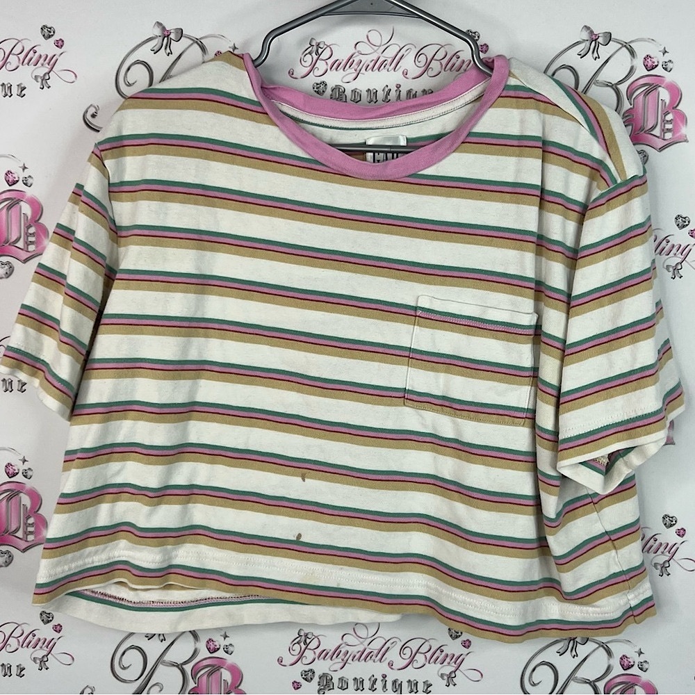 GAP tshirt tee cropped crop Multicolor Striped Tee with Pink Trim